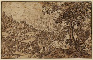 Paysage montagneux avec une croix - Tobias follower of Verhaecht